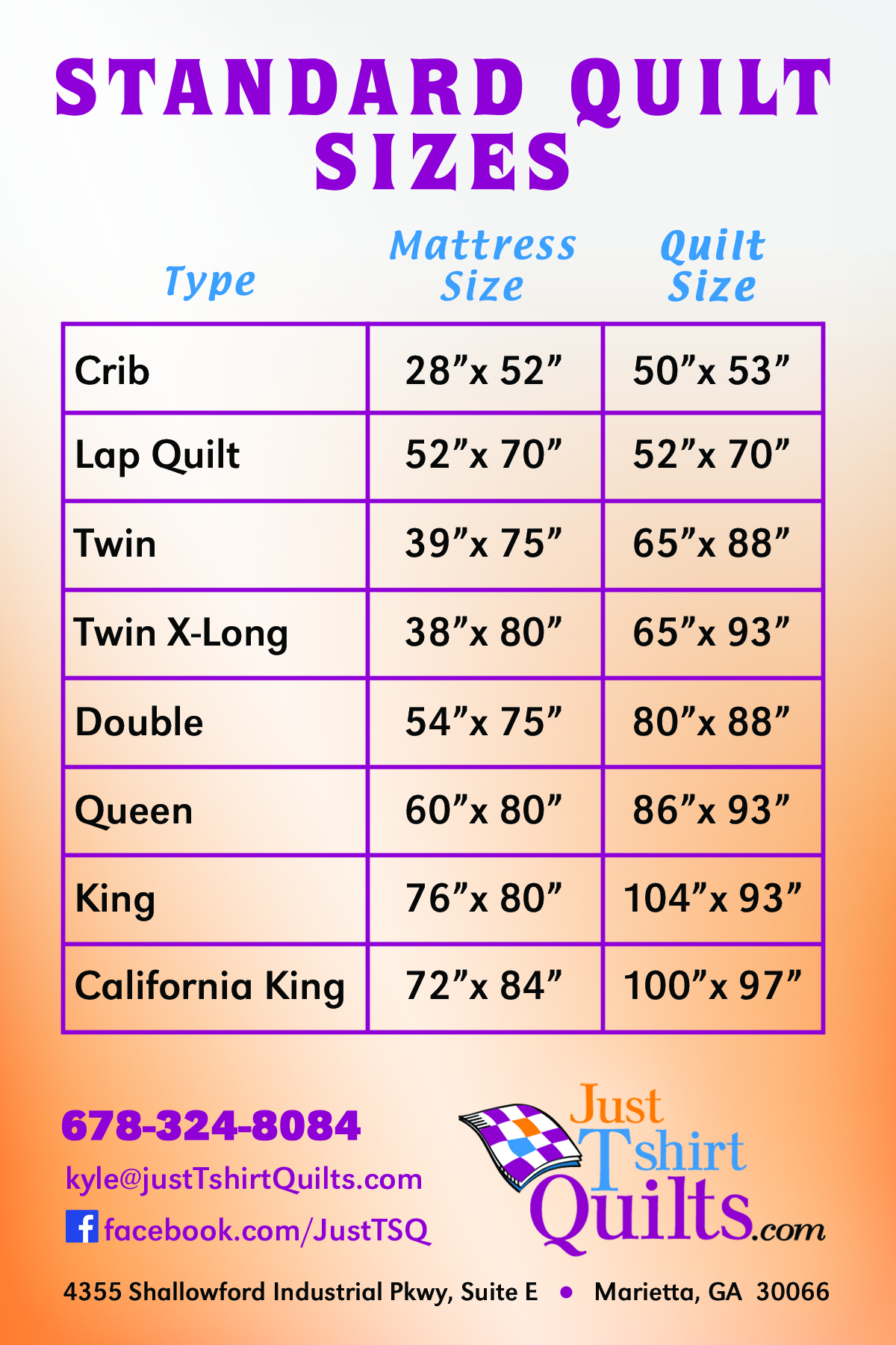 Quilt Sizes - What size will my quilt be? Use this chart for reference ...