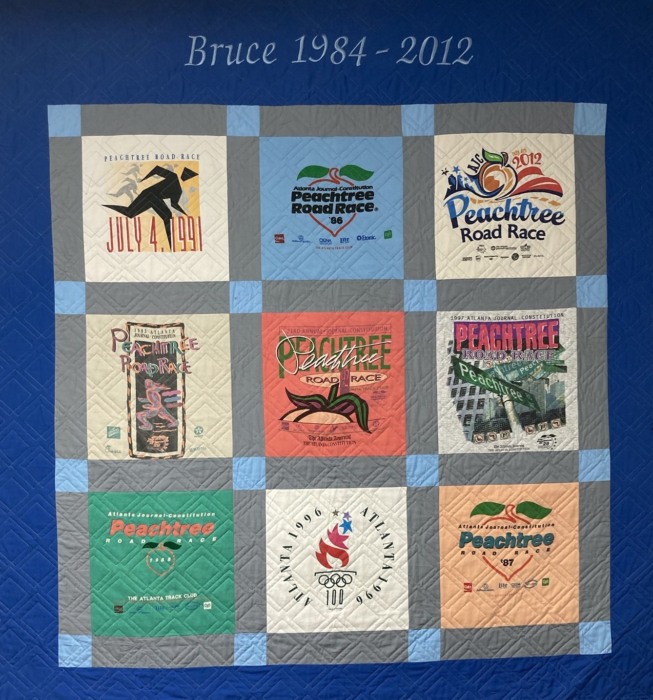 Peachtree Road Race t-shirt quilt, Bruce 1984-2012